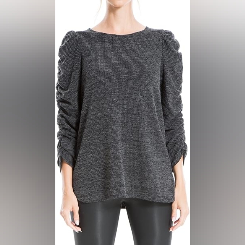 Max Studio Charcoal Textured Knit Sweater Crinkled Sleeves Women's Size XL